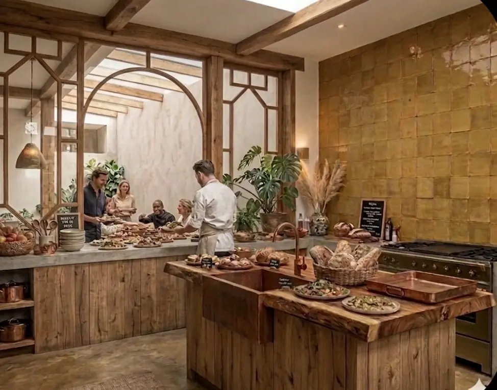 Open keuken met houten werkblad waar samen wordt gekookt