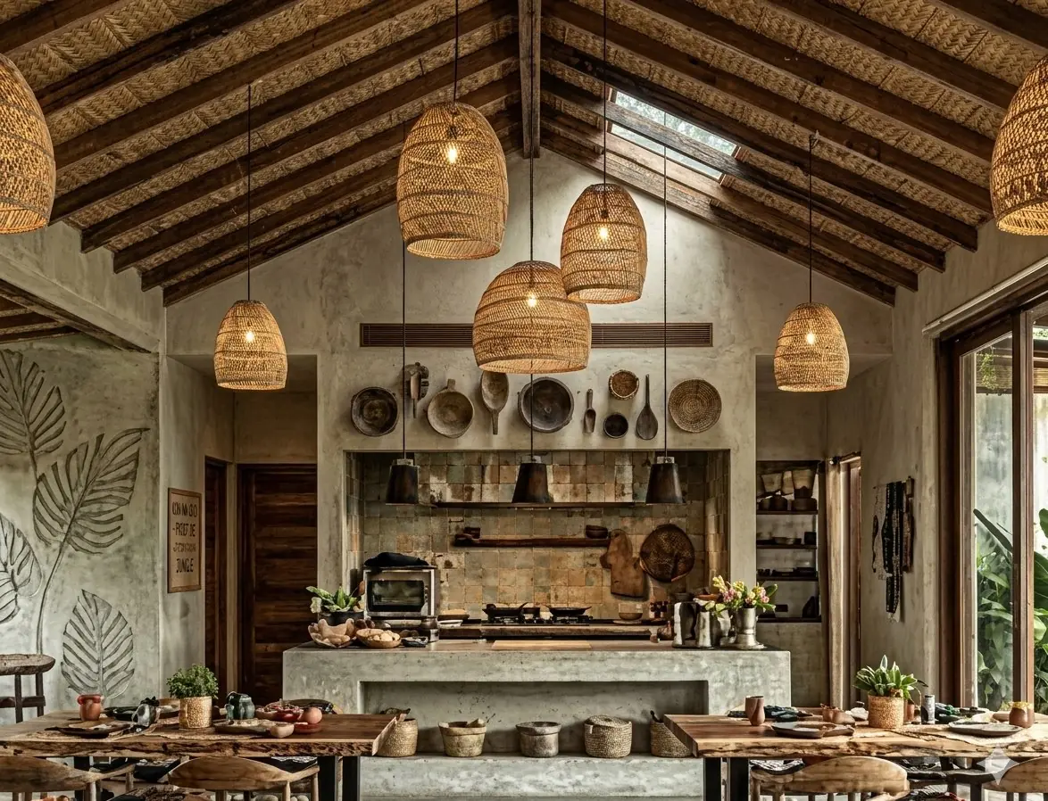 Restaurant met lange tafels en rotan lampen