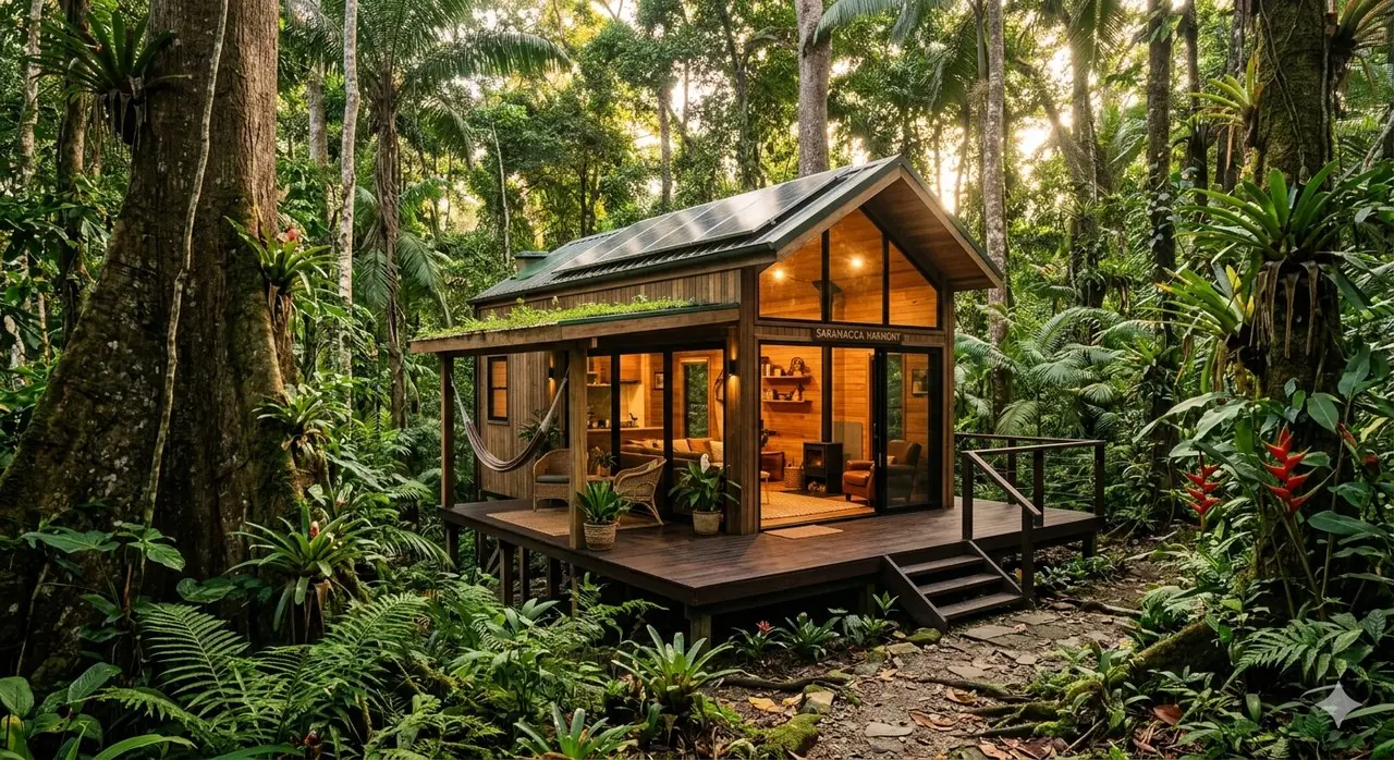 Tiny house in het bos bij zonsondergang